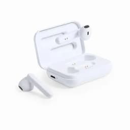 A set of white wireless earbuds with a charging case, featuring a sleek design and a single earbud outside the case.