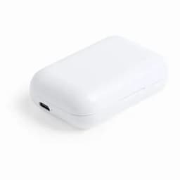 A white charging case with a rounded shape and a USB-C port at the bottom.