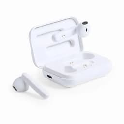 A pair of white wireless earbuds with a charging case. The case is slightly open, showing one earbud inside.