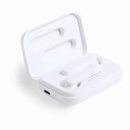 A pair of white wireless earbuds in a white charging case, partially open, showing the earbuds inside.
