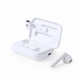 A pair of white wireless earbuds with a charging case, featuring a sleek design and a small logo on the case.