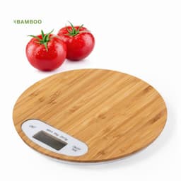 A round bamboo kitchen scale with a digital display, accompanied by two fresh red tomatoes.