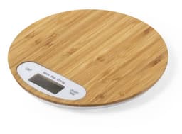 A round kitchen scale with a bamboo surface and a digital display. It features a branding logo.