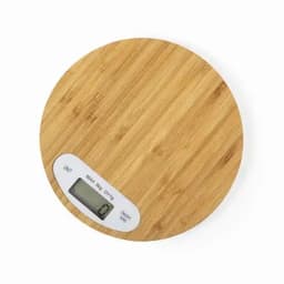 A round digital kitchen scale with a bamboo finish and a clear LCD display at the base.