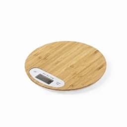 A round digital kitchen scale with a bamboo surface and a white display for measurements.
