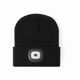 A black beanie with a built-in light and a logo on the front.