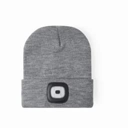 A grey beanie with an integrated light on the front and a foldable cuff. It features a logo on the light panel.