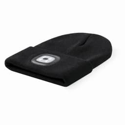 A beanie in black fleece material featuring a built-in light and a branded logo.