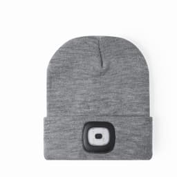 A grey beanie with an integrated LED light on the front and a fold-up cuff. It features a simple, sleek design.