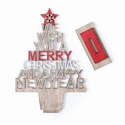A decorative wooden Christmas tree with red and white text wishing Merry Christmas and a Happy New Year, featuring a red star.