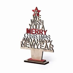 A decorative wooden Christmas tree with layered text wishing a Merry Christmas and a Happy New Year, featuring a red star on top.