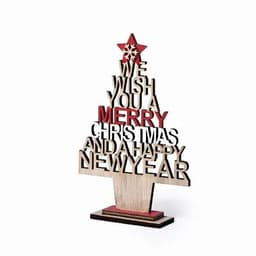 A decorative wooden Christmas tree featuring a star on top and festive lettering in red and natural wood tones.