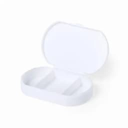 A white, oval, plastic container with a hinged lid and two compartments inside. It includes a logo on the exterior.