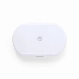 An oval, white container featuring an anti-bacterial design, with a smooth surface and rounded edges.