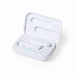 A white earbud case with earbuds inside, featuring charging lights and a compact design.