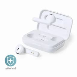 A pair of white wireless earbuds with a charging case, featuring a logo and an antibacterial badge.