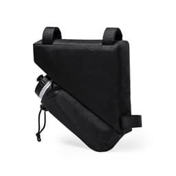 A drink bottle housed in a triangular black carrying pouch with straps. The bottle has a black cap and a white body.