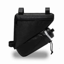 A drink bottle in a black triangular fabric carrier with zippers and adjustable straps.