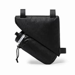 A drink bottle in a black fabric holder, featuring a secured cap and adjustable straps. The holder has a logo.