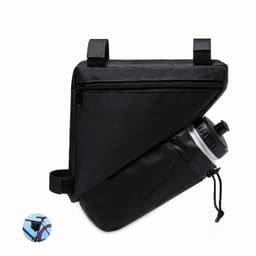 A drink bottle housed in a black triangular pouch with straps, designed for attachment to a bicycle.