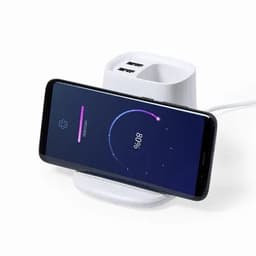 A wireless charging stand in white with a smartphone displaying a charging progress indicator.
