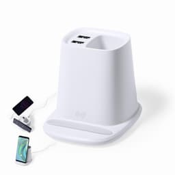 A white charging station with multiple USB ports and a wireless charging pad, designed for mobile devices.