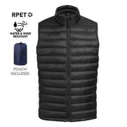A black insulated vest with a zippered front, featuring a pouch for storage and branding. Water and wind resistant.