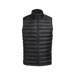 A black puffer vest with a high collar and zip closure, featuring a quilted design for insulation.