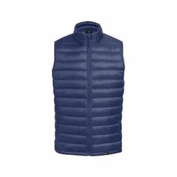 A padded navy blue vest with a high collar and zip closure, featuring a logo on the front.