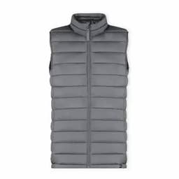 A grey puffer vest featuring a zip front and high collar, designed for warmth without sleeves.