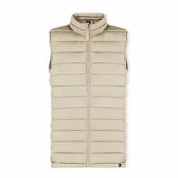 A sleeveless puffer vest in a light beige colour with horizontal quilted panels and a high collar.