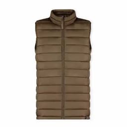 A puffer vest in a warm brown colour, featuring a high collar and front zip closure.