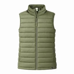 A green padded vest with a zip front and high collar, featuring a logo at the bottom.