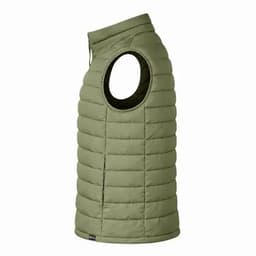 A quilted green vest with an open arm design and a high collar, featuring a branding logo.