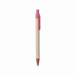 A pen with a wooden barrel and a red top, featuring a clip and a retractable point.