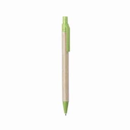 A pen with a natural wood barrel and green detailing, featuring a clip and a fine tip.