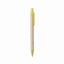 A yellow and natural wood pen featuring a click mechanism and a clip on the side.