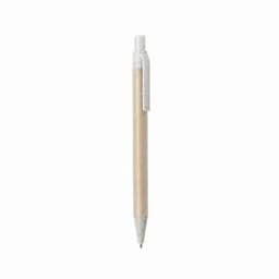 A ballpoint pen with a beige barrel and white details, featuring a clip and a visible nib.