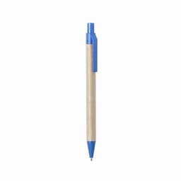 A pen with a light brown body and a blue click top, featuring a clip and a pointed tip.