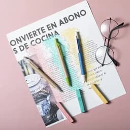 A collection of pens in various colours, some chalk pieces, and a pair of glasses on a textured paper background.