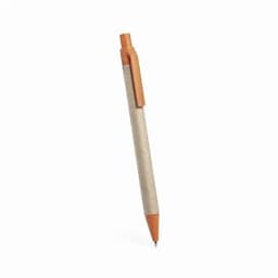 A pen with a beige barrel and orange accents, featuring a clip and a retractable point.