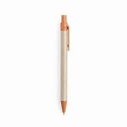 A ballpoint pen with a beige barrel and orange accents. The pen has a clip and a logo on its body.