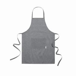 A grey apron with a front pocket and ties, made from durable fabric. It features a simple design and a branding logo.