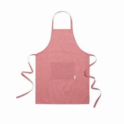 A pink apron with a pocket and long ties, featuring a simple design and a logo.