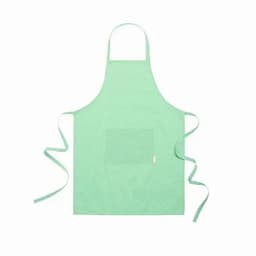 A mint green apron with a pocket and long ties. The fabric appears textured and durable.