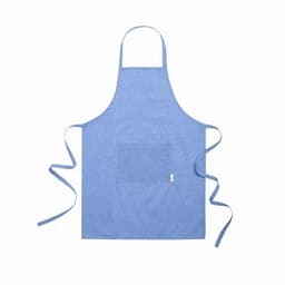 A blue apron with a pocket and long ties, featuring a simple design and fabric texture.