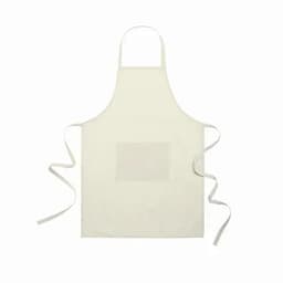 A cream-coloured apron with a front pocket and long ties for fastening. It features a simple, classic design.