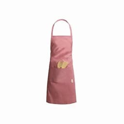 A pink apron with a front pocket holding two wooden utensils. The apron has a simple design and adjustable neck strap.