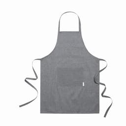 A grey apron featuring a front pocket and long ties. It has a simple design and a smooth fabric texture.
