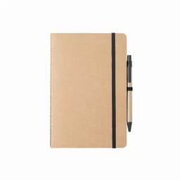 A brown hardcover notebook with a black elastic band and a black pen attached.
